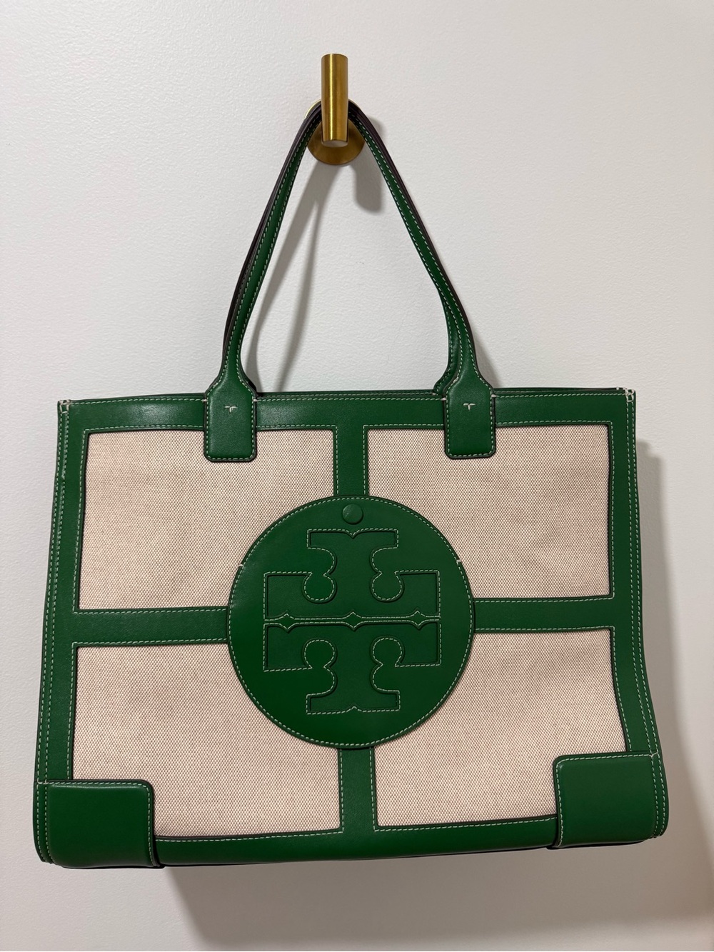 Tory Burch canvas and leather green and neutral oversized